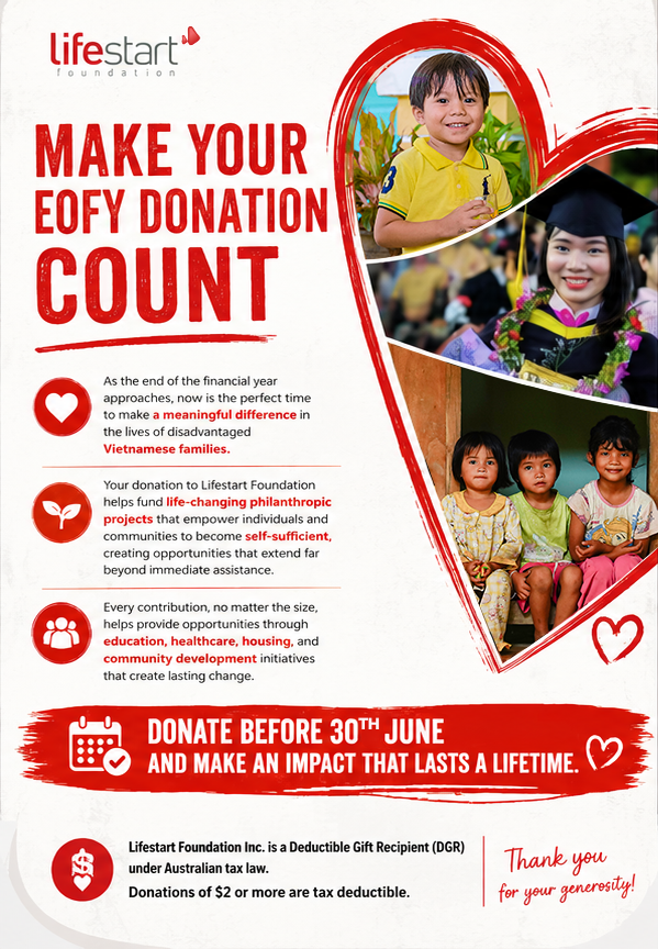 LSFVietnam's tweet photo. 𝐄𝐎𝐅𝐘 is the perfect time to give!

Every donation to #LifestartFoundation empowers disadvantaged children &amp; families to thrive through education, healthcare and life-changing community programs. 

𝐃𝐨𝐧𝐚𝐭𝐞 before June 30th:
https://t.co/XXaYnvNpuE

#EOFYDonation https://t.co/u4x32gBAm3