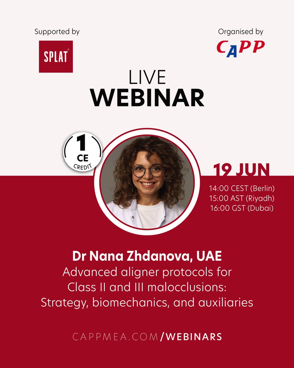 cappmea's tweet photo. In this free live webinar: https://t.co/TPfl70BJ8j with Dr Nana Zhdanova, explore the mechanics, planning strategies, and clinical decision-making behind successful Class II and Class III aligner treatment.

📅 19 June 2026 | Online https://t.co/ffk0xPFnf2