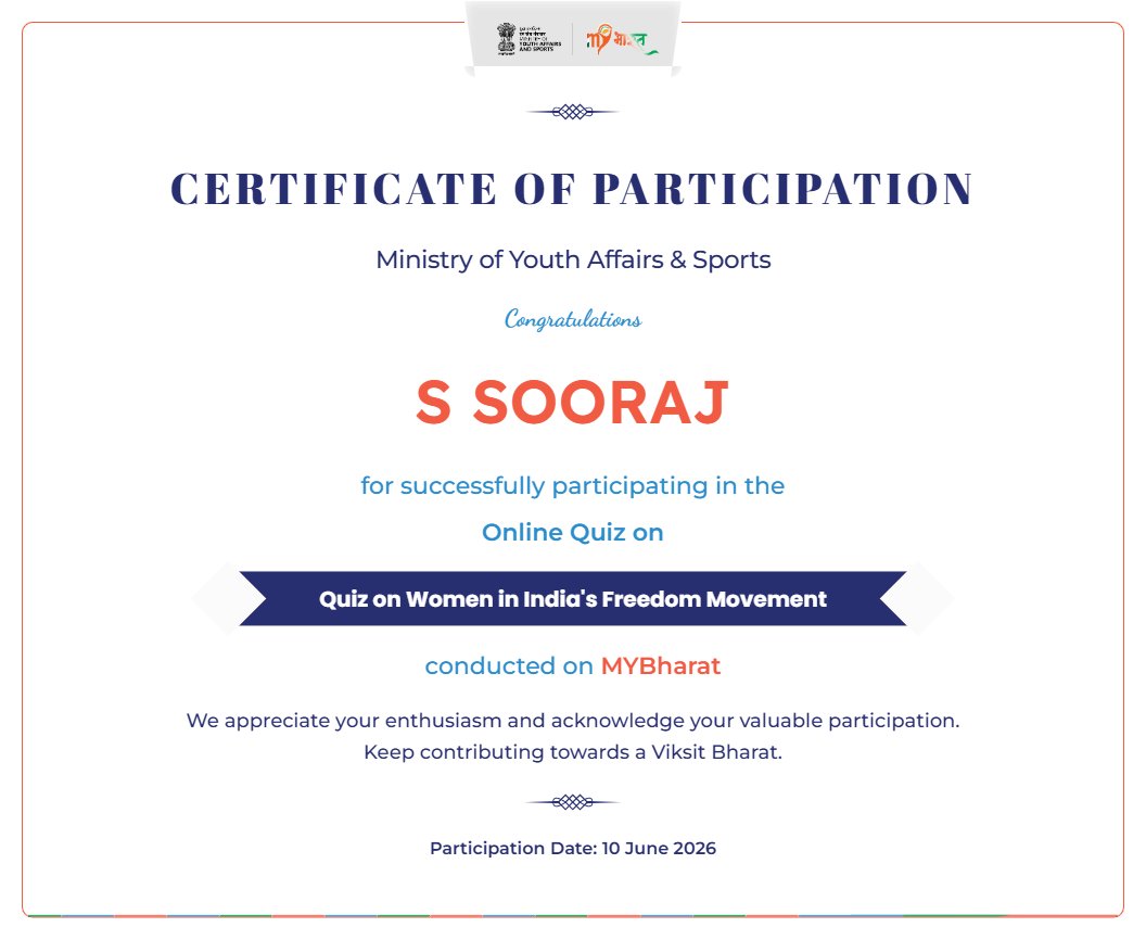 sjthegr8's tweet photo. Proud to receive my Certificate of Participation from the Independence Day Celebration (IDC) 2026 on the MY Bharat Portal! 🇮🇳
#IDC2026 #IndependenceDay2026 #MYBharat #HarGharTiranga #IndiaAt79 #ProudIndian #RedFort #NewIndia  #IndependenceDay2026 #ProudIndian https://t.co/6sXHr1QBRP