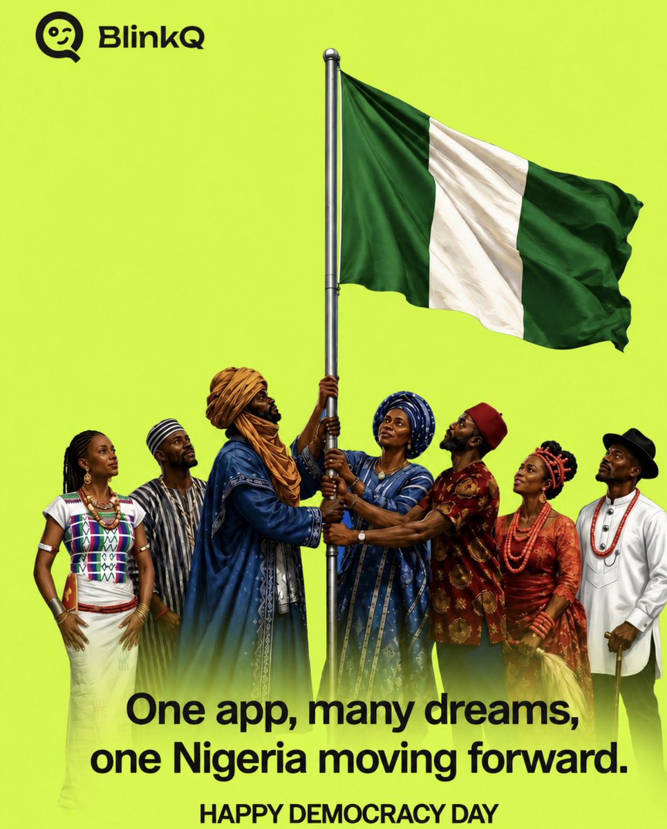 BlinkQ_'s tweet photo. ��🇬 One app. Many dreams. One Nigeria moving forward.

Today, we celebrate our freedom, diversity, and the collective spirit that keeps our nation moving forward.

Happy Democracy Day from all of us at BlinkQ. 💚

#DemocracyDay #BlinkQ #OneNigeria #Fintech https://t.co/vRRRytSztg