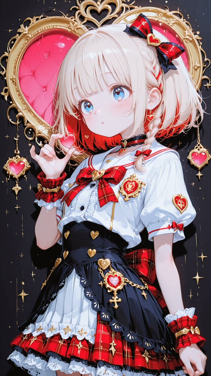 AliceLavli's tweet photo. 制服風アイドル衣装のプロンプトをどうぞ✨
idol school uniform dress, white fitted short-sleeve blouse bodice, puff sleeves, tailored princess seams, white sailor-style collar, red tartan plaid collar trim, red tartan plaid sleeve bands, large red tartan plaid chest bow, gold jewel brooch at bow center, decorative gold chain charms hanging from bow, front button placket, gold buttons, red tartan plaid vertical accent panels, fitted high waist corset-style waistband, double row gold buttons at waist, red tartan plaid pleated skirt, structured pleats, black and gold lines woven into tartan pattern, decorative gold hem trim, white underskirt layer, black floral lace underskirt layer, layered hem construction, large red tartan plaid side waist bow, long plaid ribbon tails, cascading gold chains attached to side bow, heart-shaped gold charms, embroidered crest badge on left chest, idol stage costume aesthetic, Japanese school idol fashion, strict color placement, pure white blouse only, red tartan plaid fabric only, black tartan lines only, gold buttons only, gold chains only, white underskirt only, black lace only, red plaid bows only