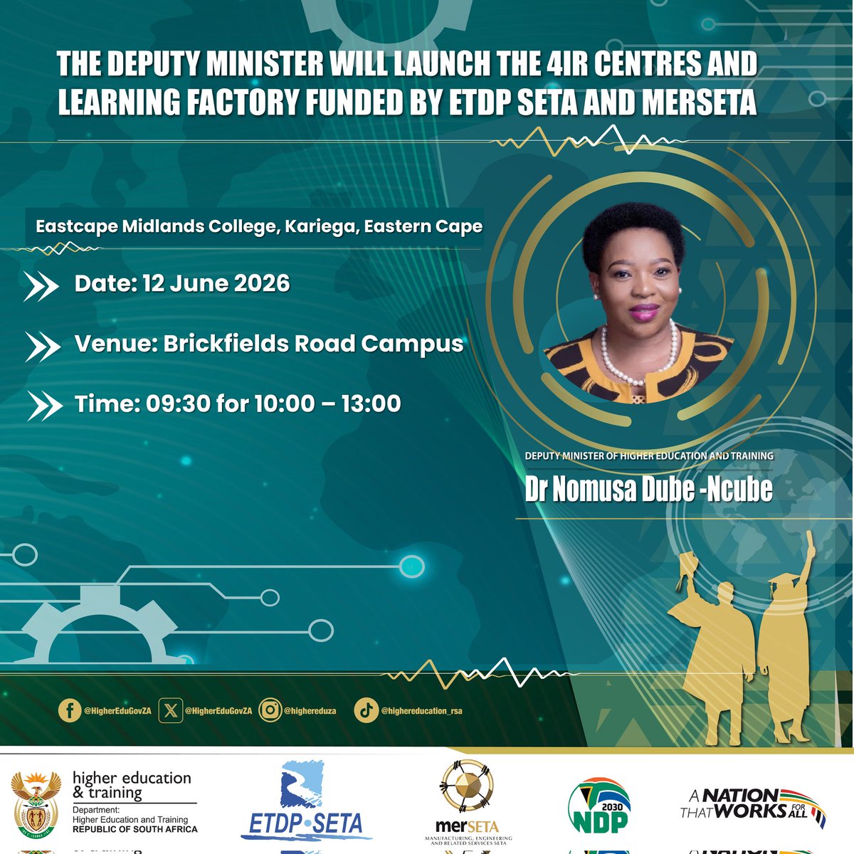 HigherEduGovZA's tweet photo. Deputy Minister Dube-Ncube is set to launch the Learning Factory and Fourth Industrial Revolution Centre of Excellence at Eastcape Midlands College's Brickfields Road Campus this morning.
#4IRLabLaunch
#SkillsDevelopment #TVETColleges #FutureReadySkills #SETAs https://t.co/tUseKFXVpr