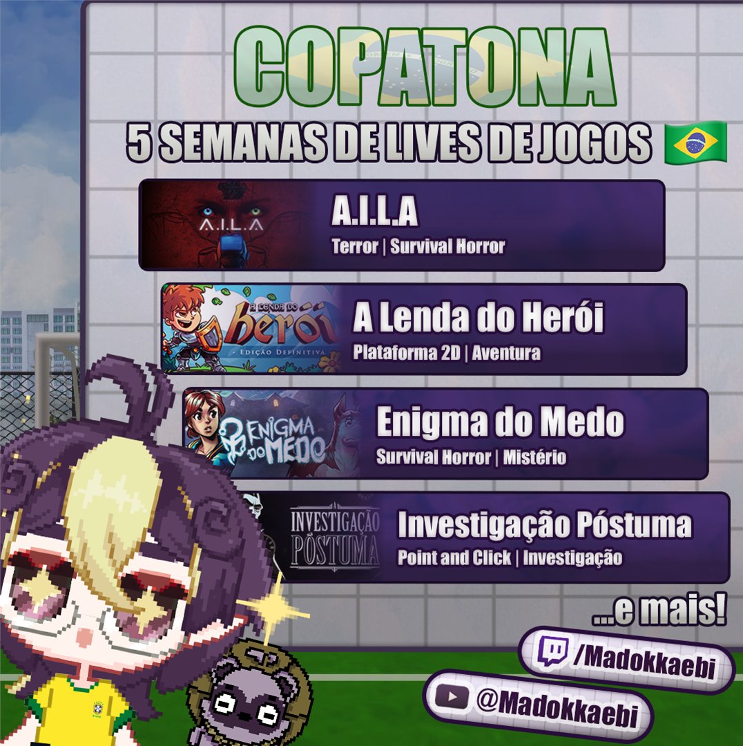 madokkaebi's tweet photo. 👋 Como estamos em clima de torcida, resolvi trazer essa energia pras lives com uma maratona diferente! 
Durante as próximas 5 semanas, teremos VÁRIAS lives de jogos 🇧🇷, com direito a skin nova: Brazukkaebi !  Vamos apoiar nossos incríveis desenvolvedores nacionais 💜 https://t.co/JTK2G4GjMN