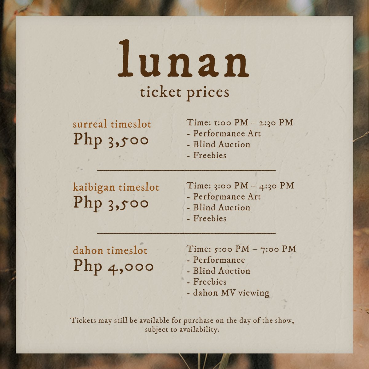 justintdedios's tweet photo. check out the ticket prices for each lunan showcase this june 19.

justin's lunan
06.19.26 | 1pm - 7pm
sari-sari space

pre-save here:
🔗 https://t.co/2q9mHRUC8U

#justin #dahon #justindahon https://t.co/W9rXde3ICq