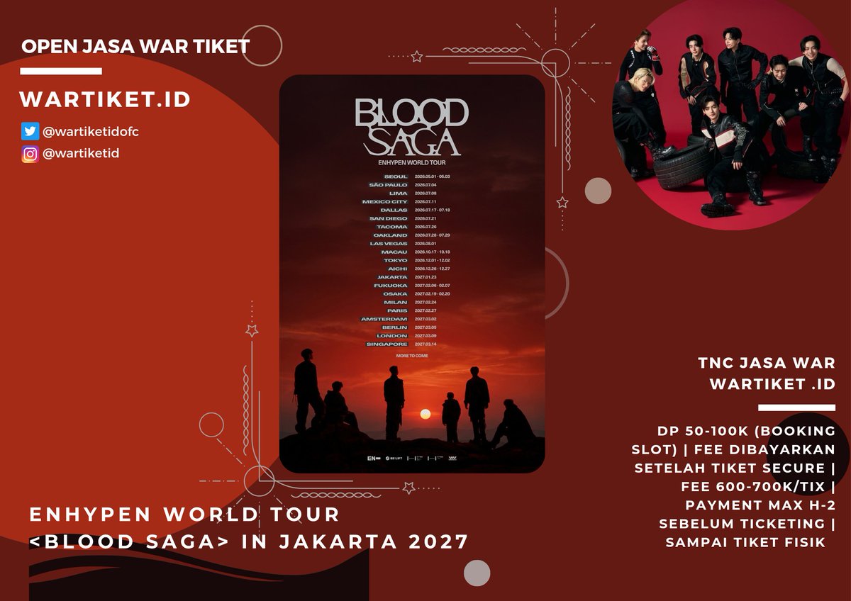 wartiketidofc's tweet photo. Open Jastip War ENHYPEN World Tour "BLOOD SAGA" in Jakarta 2027 ✨️

✅ Fee 600k-700k (DP 50k-100k)
‼️Read TNC
💯Trusted with 500++ testi
❣️Open Tabungan Konser (pict 3 &amp; 4)

Booking slot : https://t.co/nQJQ8cJkcj

# jastip jaswar tiket konser enhypen blood saga jakarta trusted https://t.co/OxKj7ECPMH