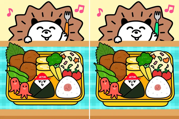 /
🍙#おにぎりの日 間違い探し🍙
\

おにぎりを前にごきげんなハルタム🦔🎶
でも、よ〜く見比べると7つの間違いが…👀

今日の脳トレにどうぞ🧠
全部見つけられた人は「🍙」をリプライしてね🙌 