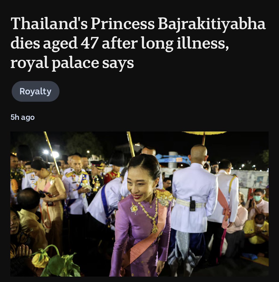 toobaffled's tweet photo. On December 15, about three weeks after her third Pfizer booster shot, Princess Bajrakitiyabha Narendira Debyavati collapsed with heart issues and went into a coma.

The eldest child of Thailand's king, Princess Bajrakitiyabha Narendira Debyavati, has died at the age of 47 after spending the past three and a half years in a coma due to heart issues.

https://t.co/YRI3uPQDFB