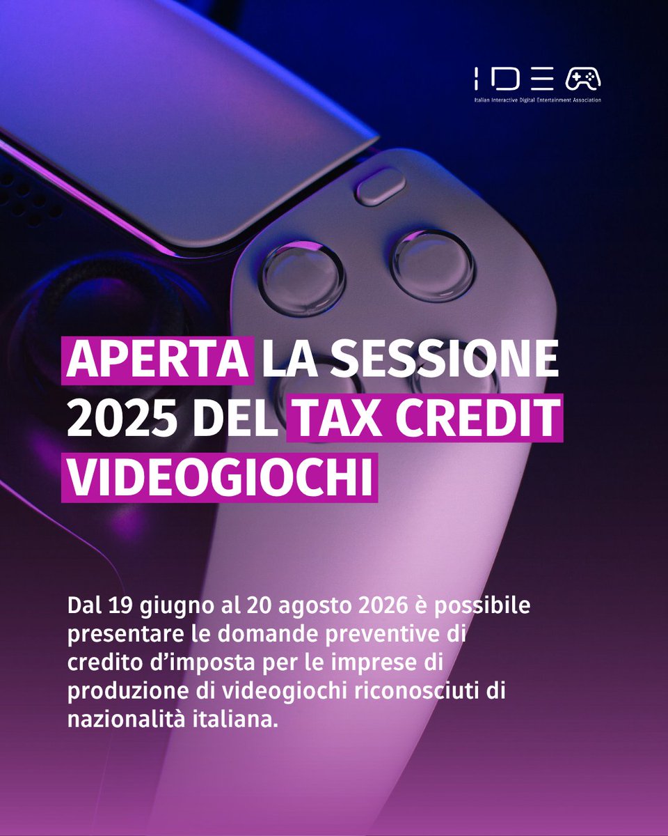 IIDEAssociation's tweet photo. Il Ministero della Cultura ha comunicato l'apertura della sessione per la presentazione delle richieste preventive di tax credit per la produzione di videogiochi per l’anno 2025. 

#IIDEA #Videogiochi #TaxCredit https://t.co/Q5yFAAFsi0