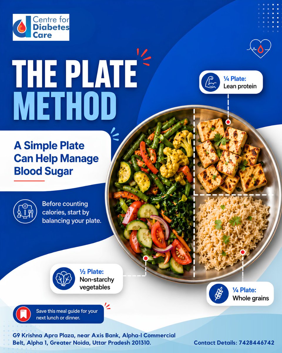 cdc_centers's tweet photo. Managing blood sugar can start with something as simple as what's on your plate. 🍽️

Try the Plate Method:
🥦 ½ plate of non-starchy vegetables
🍗 ¼ plate lean protein
🌾 ¼ plate whole grains
Small, balanced, big difference.

#DiabetesCare #PlateMethod #CentreForDiabetesCare https://t.co/tjigFPdYZ6