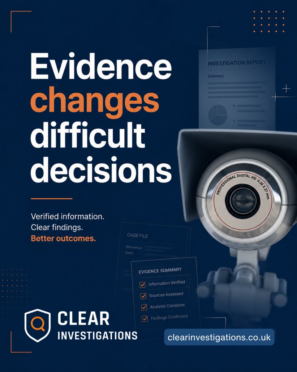 clear_pi's tweet photo. Assumptions create risk. Evidence creates clarity.

Good investigations replace uncertainty with verified information that supports informed decisions.

🌐 Read more: https://t.co/yWkRXXflXV 

#Surveillance #CorporateIntelligence #BusinessIntelligence #InvestigationsUK https://t.co/R68syVWHS7