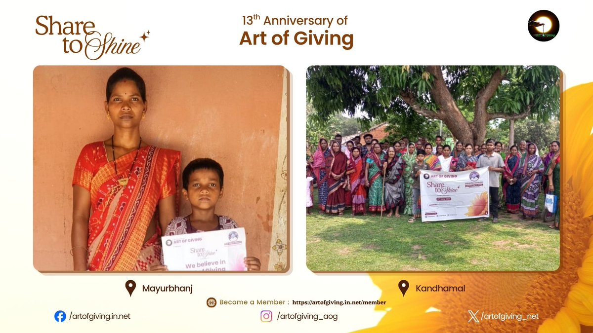 artofgiving_net's tweet photo. Marking the 13th International Day of Art of Giving, Ms. Padmini Hembram, Ms. Jyoshnarani Parida, Ms. Kshetralata Dharua, Ms. Lipsa Mallik, Ms. Riya Majhi, Mr. Matyu Mallick, Mr. Sanatan Biswal, Ms. Hemangini Majhi, Ms. Babita Marndi, Ms. Nandini Majhi, Ms. Salge Soren, Ms. Sanita Soy, Ms. Sarmistha Mallick, Ms. Sneha Dharua, Ms. Bishnupriya Jani, Ms. Manikeswari Panda, Mr. Akash Kumar Mishra, Ms. Subhadra Murmu, Ms. Sraddha Darsini Dharua, Ms. Sanghamitra Debi joined the “Share to Shine” movement at Mayurbhanj, Khordha, Balangir, Kandhamal, Subarnapur, Nuapada, and Ganjam, where simple gestures of sharing created meaningful moments of joy and connection. The initiative beautifully reflected the spirit of generosity and collective well-being.