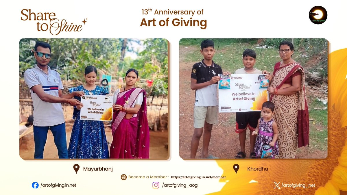 artofgiving_net's tweet photo. Marking the 13th International Day of Art of Giving, Ms. Padmini Hembram, Ms. Jyoshnarani Parida, Ms. Kshetralata Dharua, Ms. Lipsa Mallik, Ms. Riya Majhi, Mr. Matyu Mallick, Mr. Sanatan Biswal, Ms. Hemangini Majhi, Ms. Babita Marndi, Ms. Nandini Majhi, Ms. Salge Soren, Ms. Sanita Soy, Ms. Sarmistha Mallick, Ms. Sneha Dharua, Ms. Bishnupriya Jani, Ms. Manikeswari Panda, Mr. Akash Kumar Mishra, Ms. Subhadra Murmu, Ms. Sraddha Darsini Dharua, Ms. Sanghamitra Debi joined the “Share to Shine” movement at Mayurbhanj, Khordha, Balangir, Kandhamal, Subarnapur, Nuapada, and Ganjam, where simple gestures of sharing created meaningful moments of joy and connection. The initiative beautifully reflected the spirit of generosity and collective well-being.