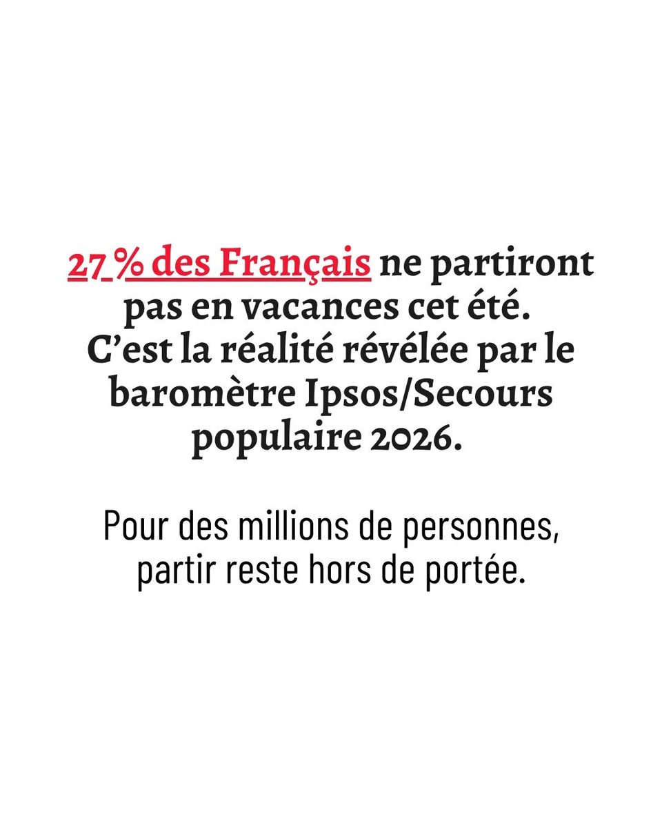 SecoursPop's tweet photo. (1/2)

51 % des Français ont déjà renoncé à partir en vacances pour payer des dépenses essentielles.

90 ans après les premiers congés payés, les vacances ne sont toujours pas un droit effectif pour tous. Pourtant, elles sont essentielles pour souffler, se retrouver en famille et ouvrir les horizons.