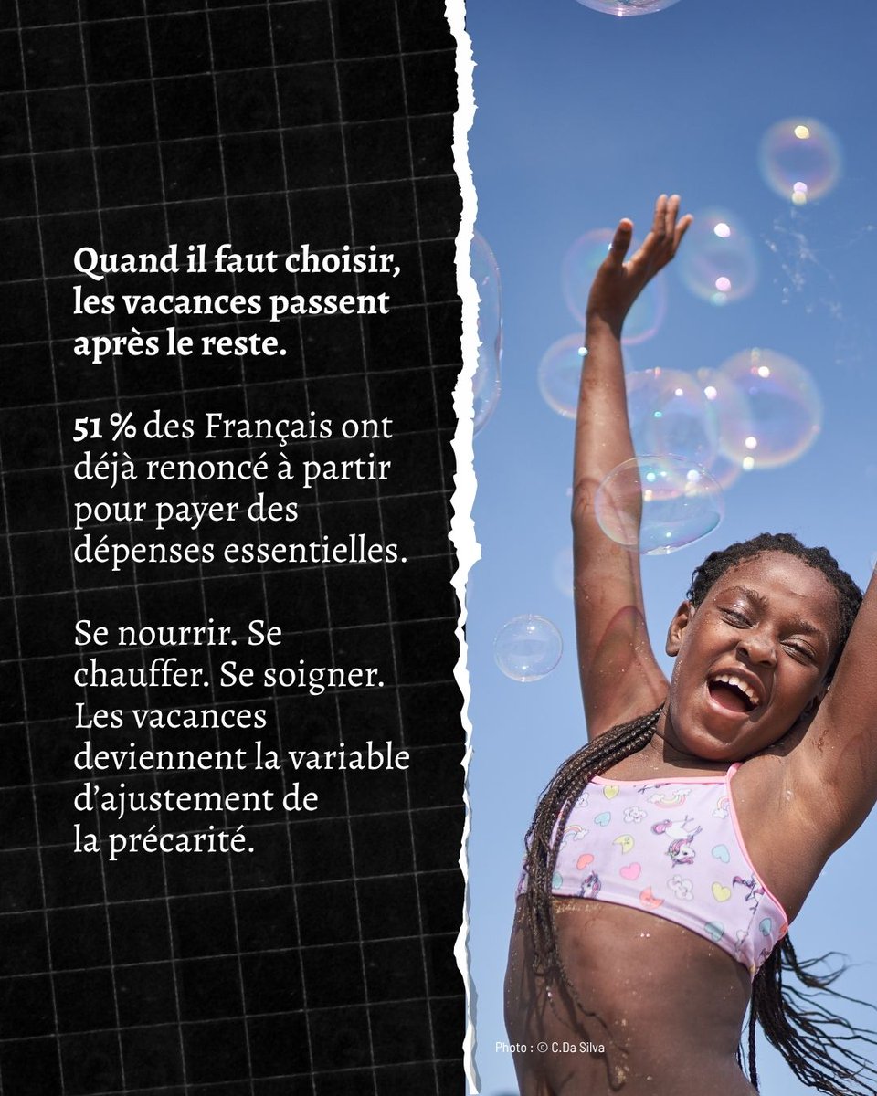 SecoursPop's tweet photo. (1/2)

51 % des Français ont déjà renoncé à partir en vacances pour payer des dépenses essentielles.

90 ans après les premiers congés payés, les vacances ne sont toujours pas un droit effectif pour tous. Pourtant, elles sont essentielles pour souffler, se retrouver en famille et ouvrir les horizons.