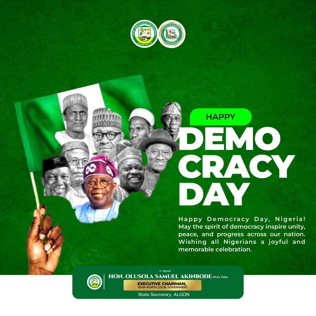 OSAkinbode's tweet photo. As we mark this year's Democracy Day, may we continue to uphold unity, peace, and good governance, while working together to build a better and more prosperous Nigeria for all.

 Happy Democracy Day! https://t.co/kGUzeM96x9