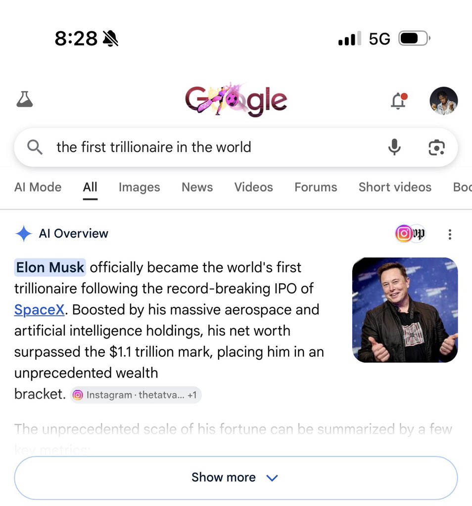 TheDamiForeign's tweet photo. Wow! So Elon musk is the first trillionaire in the world?🤯 I really can’t wait to be the second!🙏 https://t.co/kexncj7GoK