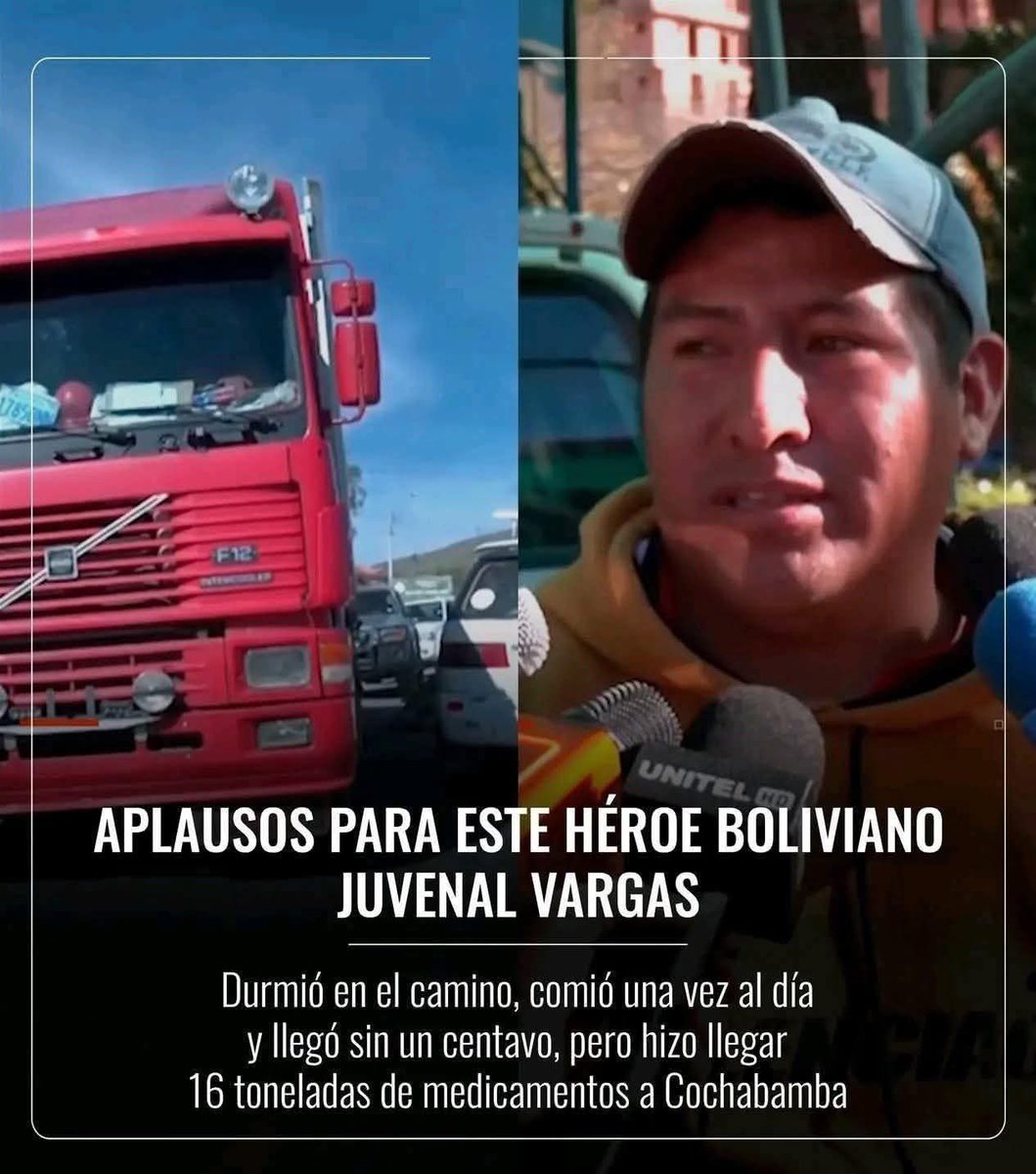 MaritaPatino's tweet photo. Juvenal Vargas, chofer cochabambino de 37 años, se convirtió en el símbolo del compromiso transportista tras completar una odisea de 22 días atrapado en las carreteras para salvaguardar una carga vital: 16 toneladas de insumos médicos que finalmente fueron entregados ayer en Cbba https://t.co/T5GCPyEfhc