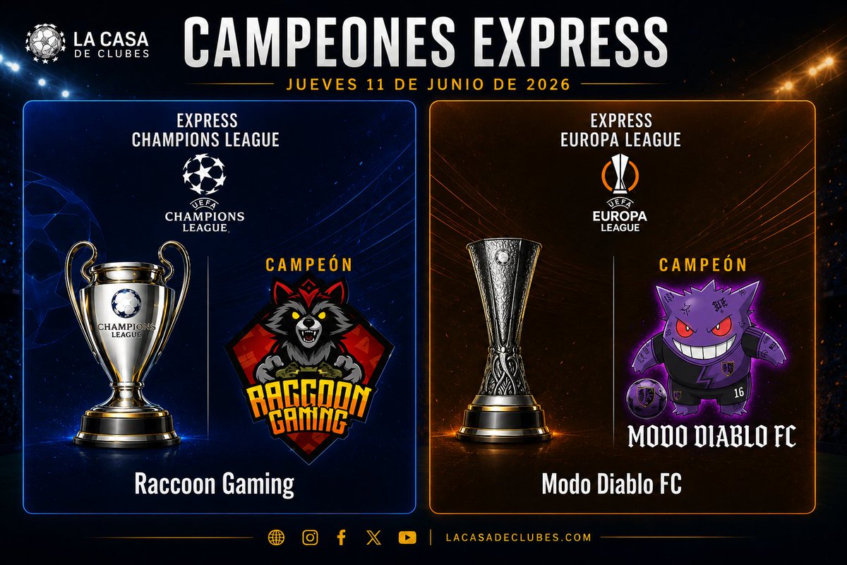 LaCasadeClubes's tweet photo. Campeones Express Jueves 11 de Junio 

Champions League 
@RaccoonGamingPS 

Europa League 
@mododiablo_fc https://t.co/ahPJUQhp5W