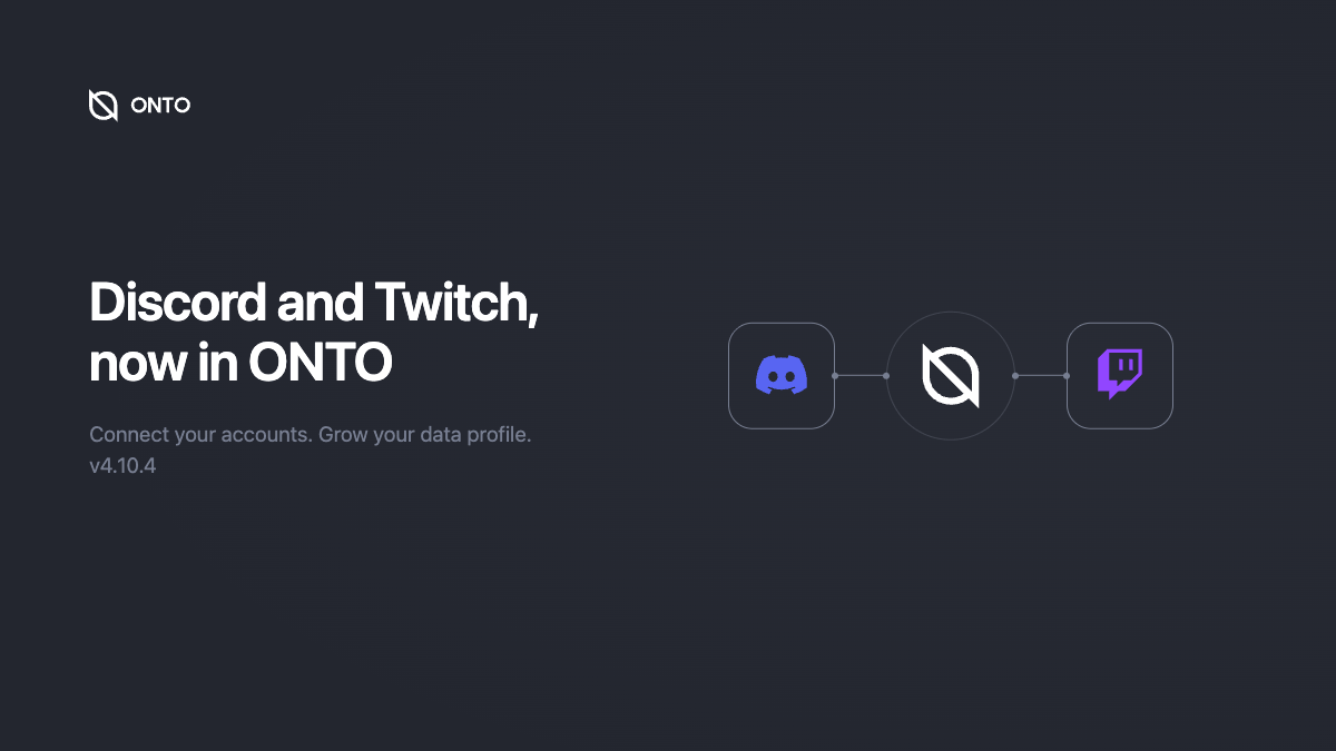ONTOWallet's tweet photo. ONTO v4.10.4 is live 🎮

Your Discord servers and your Twitch presence are now part of your data profile. Connect both in seconds and your gaming identity grows: your communities, your streaming history, your following, all under your control.

And a heads up: a new campaign is coming. Connected accounts will be ready to take part on day one.

Drop a 🎮 in the chat when you're connected. Tag a friend whose server you share.