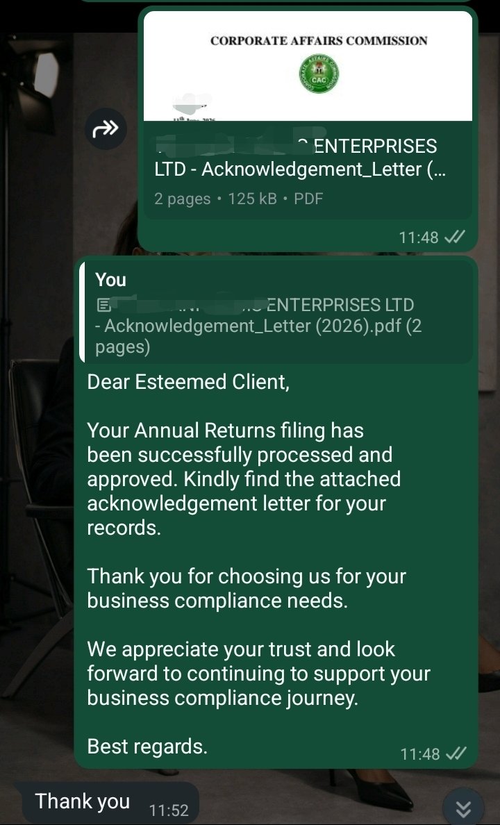 Mia_Enterprise0's tweet photo. Your Business Is Registered… But Is It Still ACTIVE on CAC?

Many business owners celebrate getting their CAC certificate and then forget one very important obligation -  ANNUAL RETURNS FILING.

Another business choosing compliance over consequences. ✅

Our client just filed their Business Annual Returns because they understand that maintaining a business is just as important as registering one.

Too many business owners wait until penalties accumulate or opportunities are delayed before taking action.

Don't be one of them.

Whether it's Annual Returns Filing or other CAC Post-Incorporation Services, MIA ENTERPRISES & CONSULTING LTD is here to help you keep your business active, compliant, and ready for growth.

Because the best time to get compliant isn't when there's a problem, it's before one arises.

Send us a DM today.