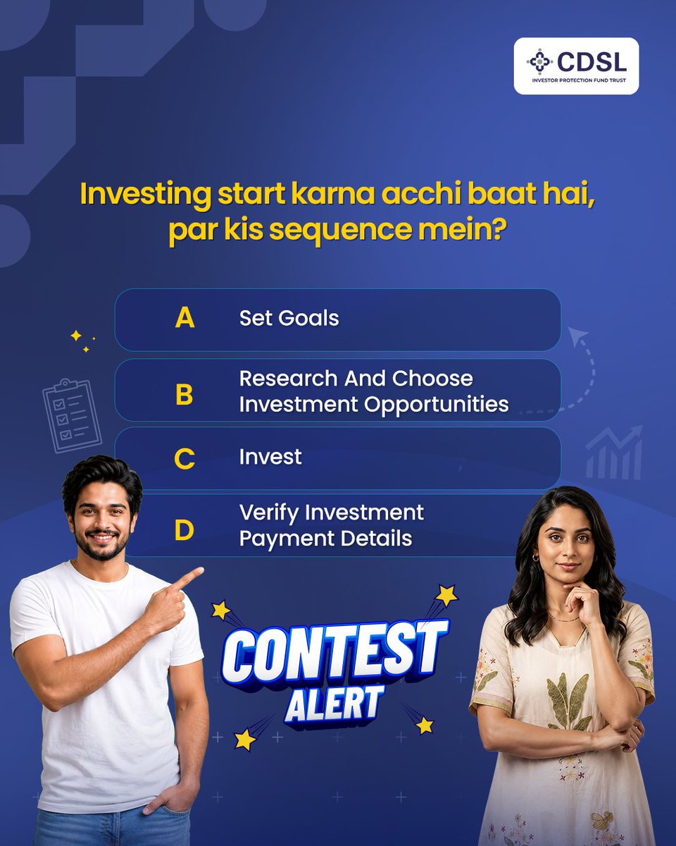 CdslIndia's tweet photo. Sahi sequence wahi jaanta hai jo sahi tareeke se invest karta hai.
Kya woh aap ho?
To participate:
- Comment the correct sequence
- Tag 2 friends and ask them to participate
- Like/Follow @CdslIndia
T&C apply.
#CDSLIPF #Contest #BanoAtmanirbharInvestor #InvestorAwareness https://t.co/ZT1pJjQ57B