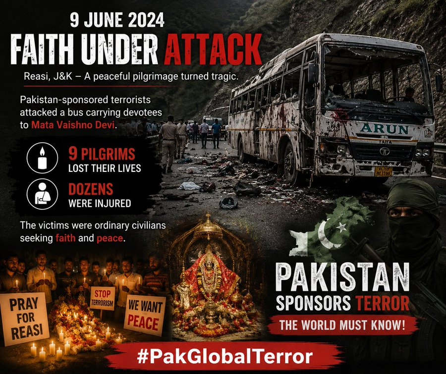 PavanKu198's tweet photo. On 9 June 2024, a peaceful pilgrimage turned tragic when Pakistan-sponsored terrorists attacked a bus carrying devotees to Mata Vaishno Devi in Reasi. Nine pilgrims lost their lives and dozens were injured. Victims were ordinary civilians seeking faith and peace. #PakGlobalTerror https://t.co/2ZoDcZlYng