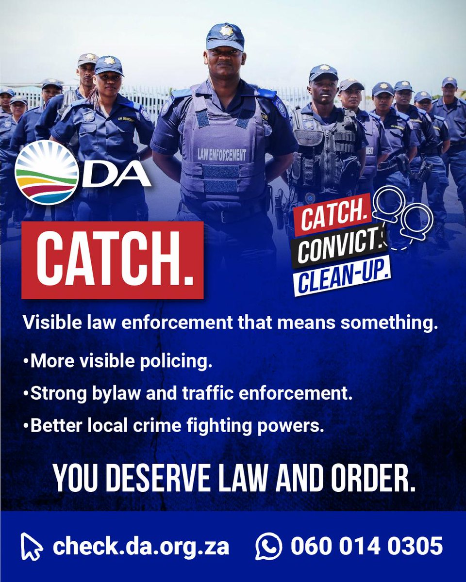 Our_DA's tweet photo. The DA's plan is simple: restore law and order, make communities safer and ensure criminals face consequences.

🚔 Catch the criminals.
⚖️ Convict the offenders.
🧹 Clean up the corruption that protects them. https://t.co/3YqpUzUbzp