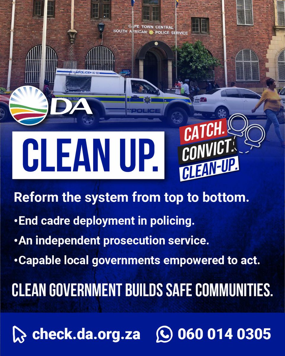 Our_DA's tweet photo. The DA's plan is simple: restore law and order, make communities safer and ensure criminals face consequences.

🚔 Catch the criminals.
⚖️ Convict the offenders.
🧹 Clean up the corruption that protects them. https://t.co/3YqpUzUbzp