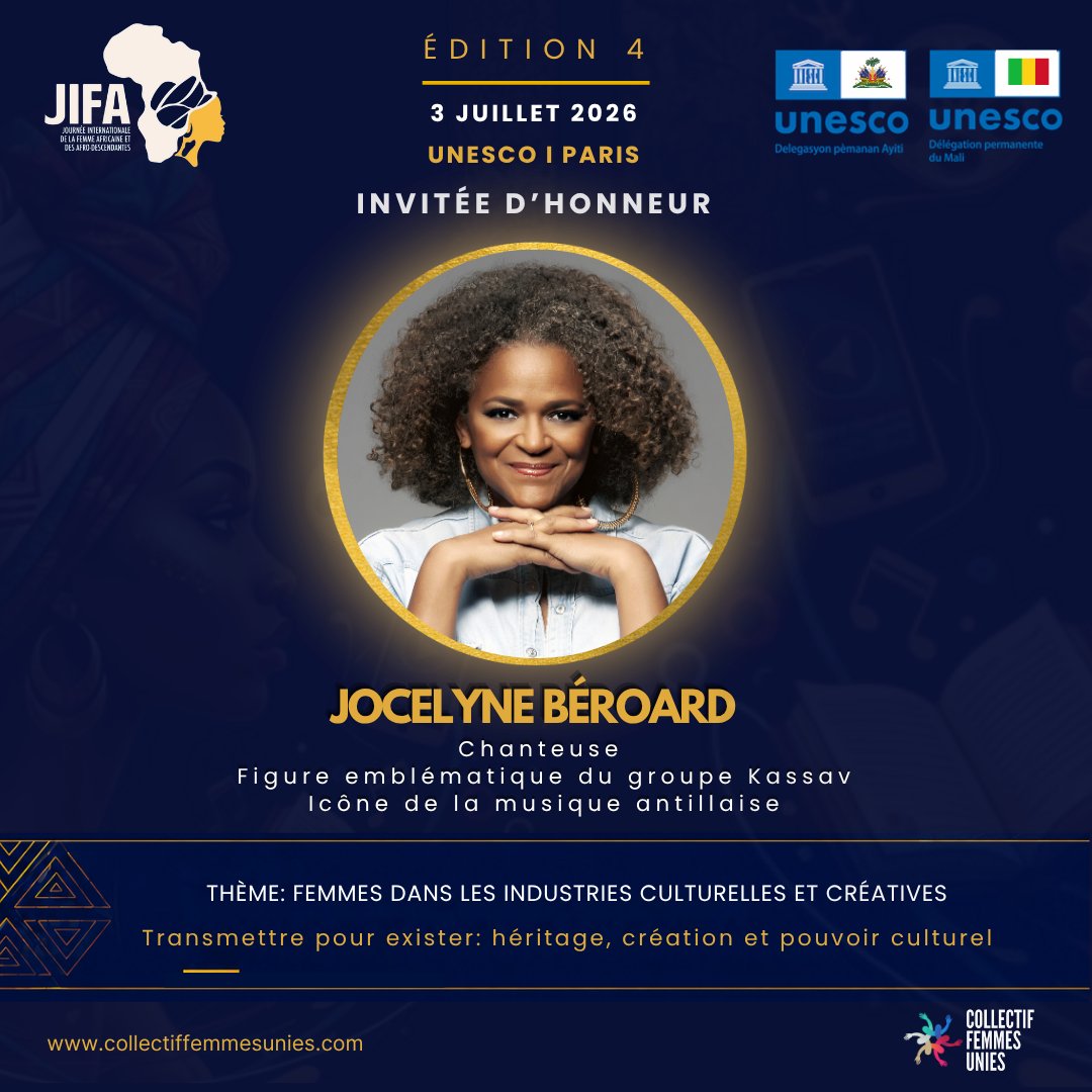 ContactJIFA's tweet photo. #jocelyneberoard invitée d'honneur à la #JIFA2026 à l'@UNESCO_fr . Le 3 juillet 2026. https://t.co/uLEwFycdBo