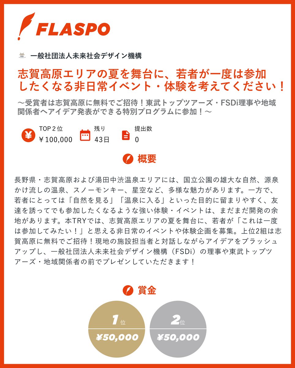 flaspo2021's tweet photo. FSDi×東武トップツアーズ( @tobutoptours_jp )様主催の２つのTRYを公開！

📌福井・東尋坊 と 長野・志賀高原、2つの観光地をテーマに若者のアイデアを募集します。

🎁上位2組は賞金最大15万円を提供し、1泊2日で現地招待＆東武トップツアーズ本社でプレゼン！

📅〆切：7/20(月)

詳細はスレッドへ👇 https://t.co/xhaN4Jk3zv
