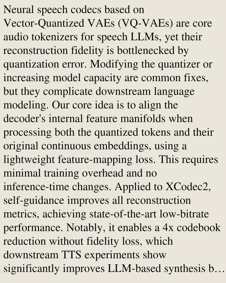 SoundPapers's tweet photo. Self-Guidance: Enhancing Neural Codecs via Decoder Manifold Alignment

Xiang Li, Yixuan Zhou, Jingran Xie, Zhiyong Wu, Hui Wang
https://t.co/lZOudeMe5f [𝚌𝚜.𝚂𝙳 𝚌𝚜.𝙻𝙶]
💬Accepted to ICML 2026, demo website available at https://t.co/CMN5twNQru https://t.co/SlCk8Zmt7f