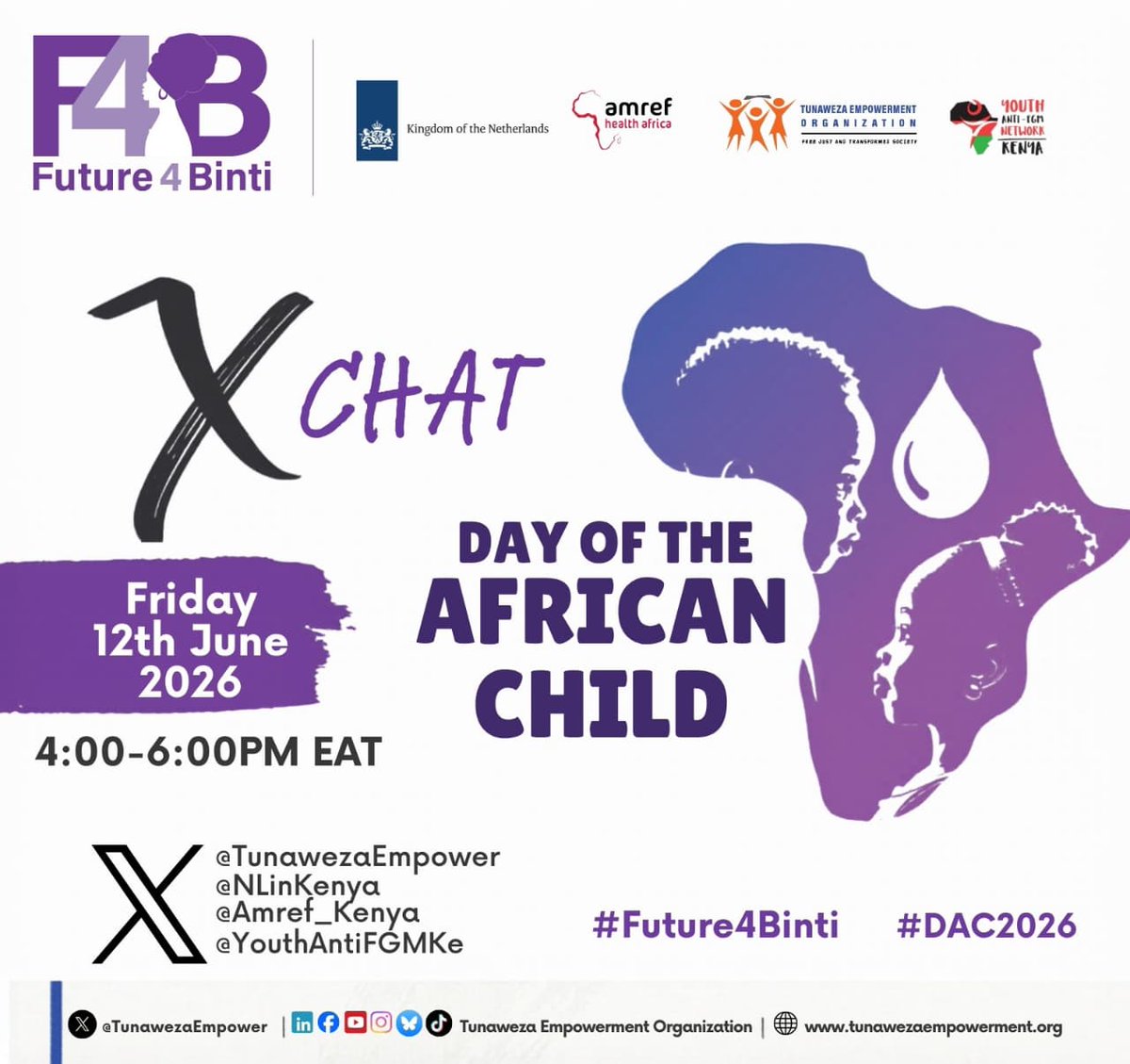 MissOtaigo's tweet photo. It's the Day of the African Child.🌍 I’m proud to support the #Future4Binti initiative. Join us for a powerful X Chat today from 4:00-6:00 PM EAT as we discuss the way forward for our children. See 816081.jpg for how to join. 💜 #DAC2026 @TunawezaEmpower @NLinkKenya @Amref_Kenya https://t.co/83rIS8Skxn