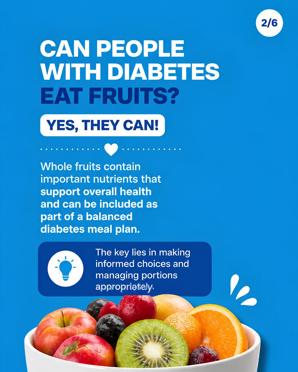 cdc_centers's tweet photo. 🍎 Myth: "I have diabetes, so I can't eat fruits."

✅ Fact: Whole fruits like apples, pears, and oranges can be part of a balanced diabetes meal plan. The key is portion control, balance, and smart choices.

#DiabetesAwareness #DiabetesCare #BloodSugarManagement #HealthyEating https://t.co/MbCh2DMWvk