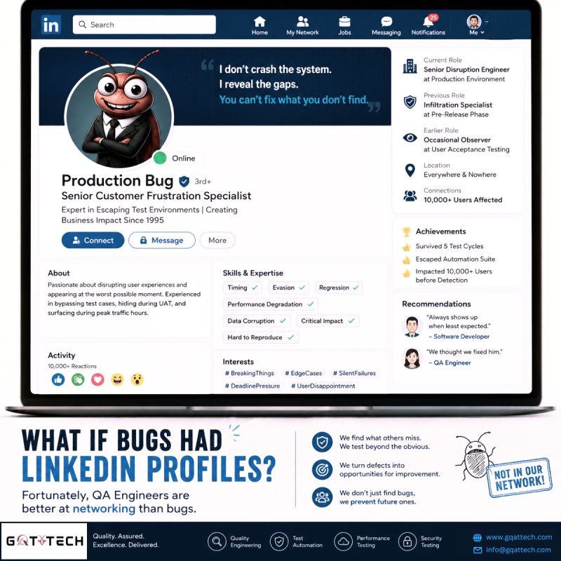 GQATTECH's tweet photo. What if bugs had LinkedIn profiles? 🤔

✔ Escaping testing
✔ Surviving releases
✔ Appearing at the worst time
At GQAT Tech, we stop bugs before users find them.
Because the best bugs never reach production.
#QA #SoftwareTesting #GQATTech https://t.co/J8K3hmFSyY