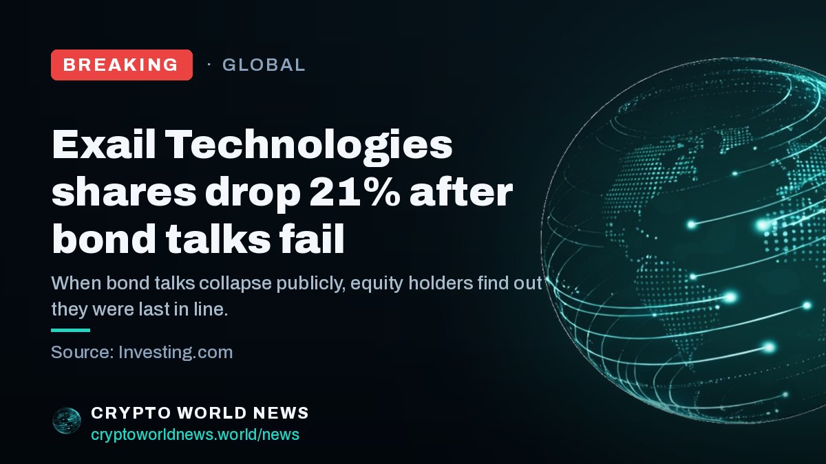 CWN_HQ's tweet photo. 🚨 BREAKING

Exail Technologies shares drop 21% after bond talks fail

Failed bond talks usually mean the company could not agree on terms lenders found acceptable, which raises questions about the balance sheet that equity markets reprice fast. The 21% drop is the market asking whether this is a liquidity problem, a valuation problem, or both. For crypto, the read is indirect but real: stress in defence-adjacent tech names tends to tighten appetite for risk across the board.

Source: https://t.co/r7aEa8hy4I
Full breakdown → https://t.co/3Ve1yoi6Rz

#Crypto #Markets