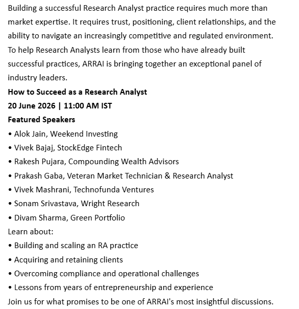 ARRAI_SEBIRA's tweet photo. How to Succeed as a Research Analyst | Learn from India's Leading RAs

Webinar on June 20th  |  Join us
@vivbajaj @PrakashGaba @Sonaam1234 @RakeshPujara1 @MashraniVivek @divamsha @WeekendInvestng 

Not yet a ARRAI Member ?
Membership Link: https://t.co/bjEFU04o3P https://t.co/R0pw7IVPO7