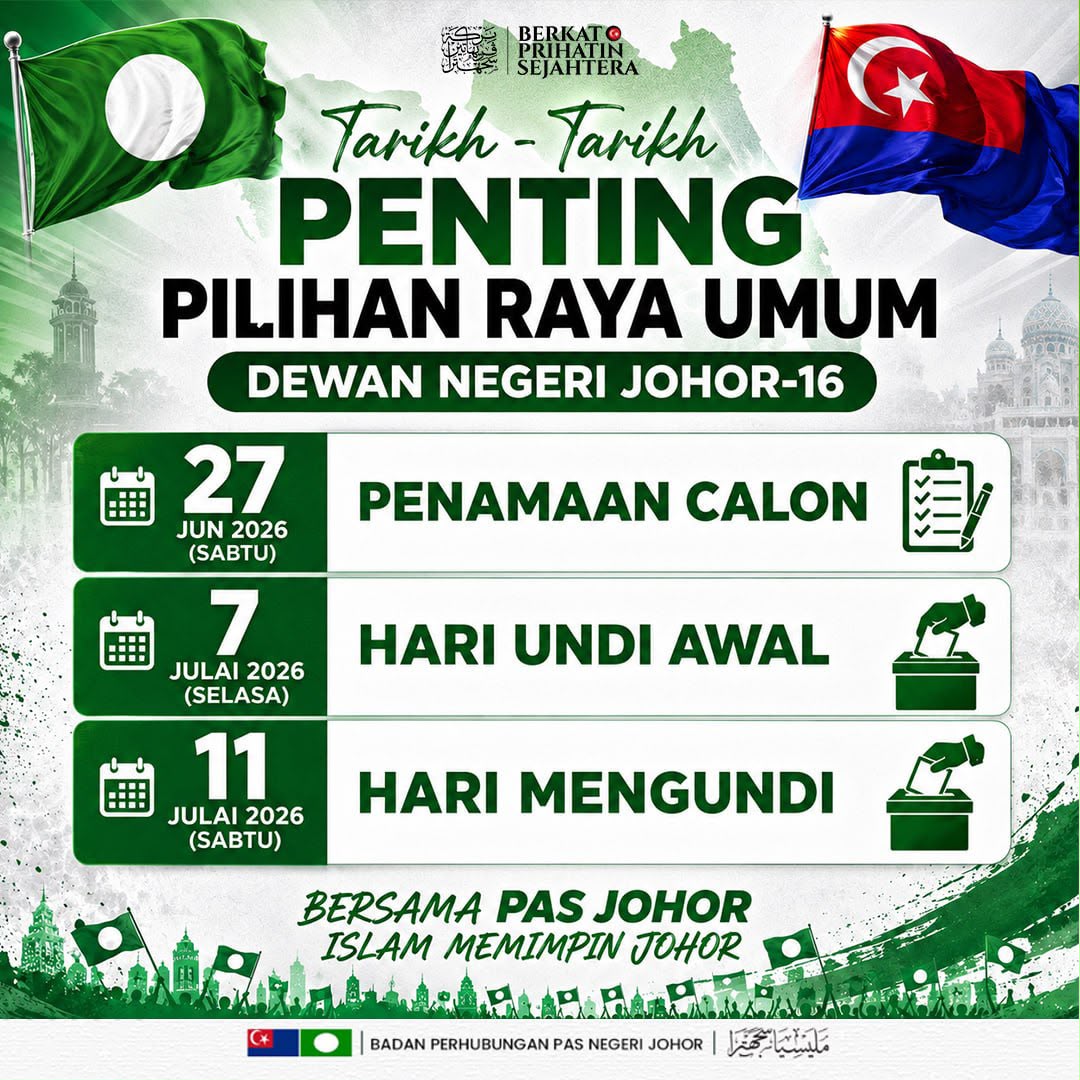 pas_johor's tweet photo. 🇲🇾 TARIKH-TARIKH PENTING PRU DUN JOHOR-16 🇲🇾
Pilihan Raya Umum Dewan Negeri Johor ke-16 semakin menghampiri. Pastikan anda dan keluarga mengambil maklum tarikh-tarikh penting bagi menunaikan tanggungjawab sebagai rakyat yang cintakan agama, bangsa dan negeri Johor. https://t.co/d8bVBlaiSl