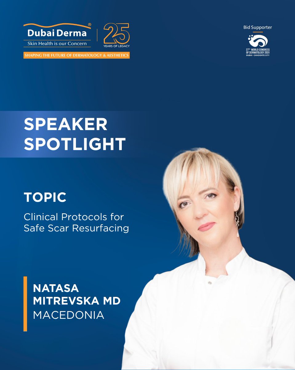 DubaiDerma's tweet photo. We are honoured to welcome Dr. Natasa Mitrevska MD as a distinguished speaker at Dubai Derma 2026.

A specialist in dermatology with over 15 years of experience, Dr. Mitrevska is an Assistant Professor at International Balkan University and a recognised trainer in laser and aesthetic dermatology.

At Dubai Derma 2026, her sessions will focus on:
🔹 Clinical Protocols for Safe Scar Resurfacing
🔹 Laser Assisted Hair Regrowth: Mechanisms & Evidence

Join us to gain valuable insights into safer laser protocols, scar management and evidence based approaches to hair regrowth.

📅 8 to 10 September 2026
📍 Dubai World Trade Centre

Register Now: https://t.co/5uvZqHbNVD..

#DubaiDerma2026 #DermatologyConference #AestheticMedicine