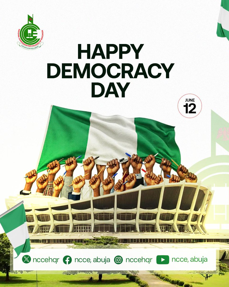 NCCEHQR's tweet photo. 🇳🇬 On this Democracy Day, NCCE celebrates Nigeria's democratic journey and reaffirms its commitment to advancing quality teacher education for national development.

Together, let's build an informed, responsible, and prosperous society through education.

Happy Democracy Day, Nigeria!

#DemocracyDay2026 #NCCE #TeacherEducation