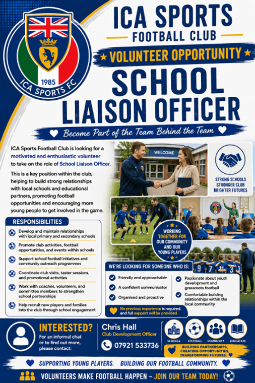 icasports's tweet photo. ICA Sports Football Club - Volunteer Opportunity – School Liaison Officer - Become Part of the Team Behind the Team #Pitchero
https://t.co/JWnOQSLAAQ https://t.co/yDKlh08BB5