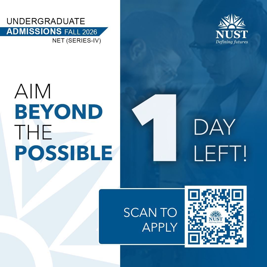 ThisIsNUST's tweet photo. 1 Day left!
It is time to Aim Beyond the Possible.
Apply via: https://t.co/dYa1lhEFUa or scan to apply.
Deadline: June 13, 2026
#NUST #DefiningFutures #UndergraduateAdmissions2026 #StudyAtNUST #NET4 https://t.co/i6wMXzLYru