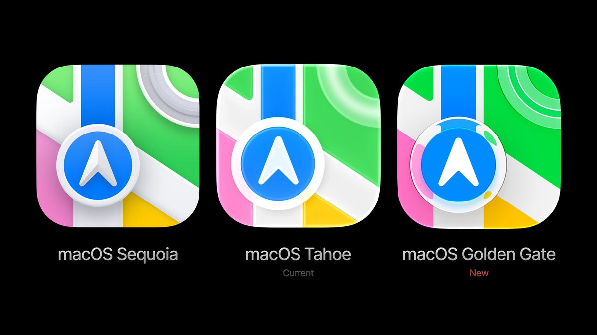 privatetalky's tweet photo. The new Apple Maps icon on macOS Golden Gate Developer Beta vs Tahoe vs Sequoia https://t.co/lMs1RjgRp5