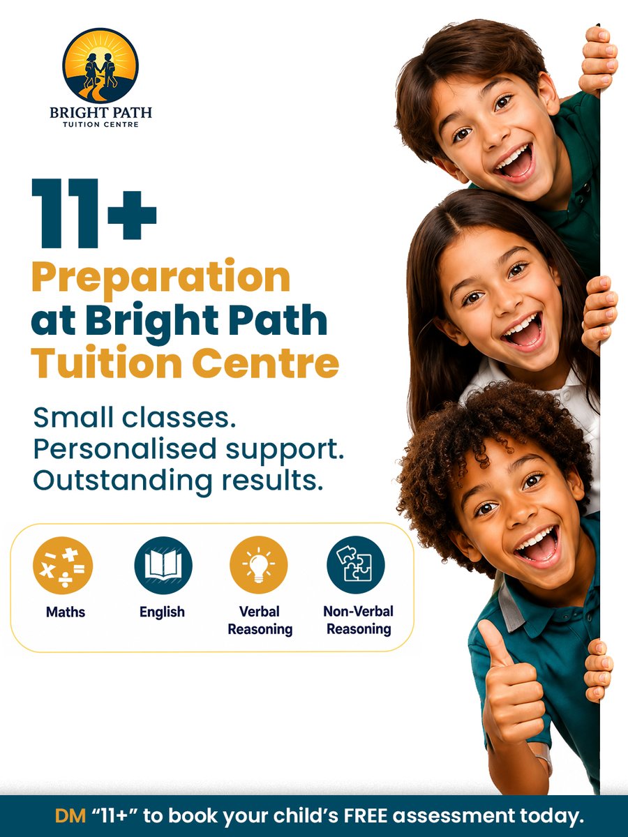 Brightpath25's tweet photo. Preparing for the 11+ doesn't have to be stressful.

At Bright Path Tuition Centre, we help children build the knowledge, confidence and exam skills they need to succeed.

📚 Maths
📚 English
📚 Verbal Reasoning
📚 Non-Verbal Reasoning#BookYourAssessment https://t.co/VaGEJ1D3YE