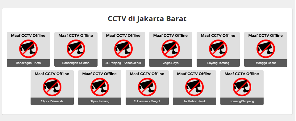 MikaelDewabrata's tweet photo. CCTV di Jakarta Pusat, Jakarta Barat, Jakarta Selatan (ada beberapa nyala), Jakarta Utara, Jakarta Timur offline.

Ini hasil pantauan Lewat Mana. https://t.co/crKUcda1UV