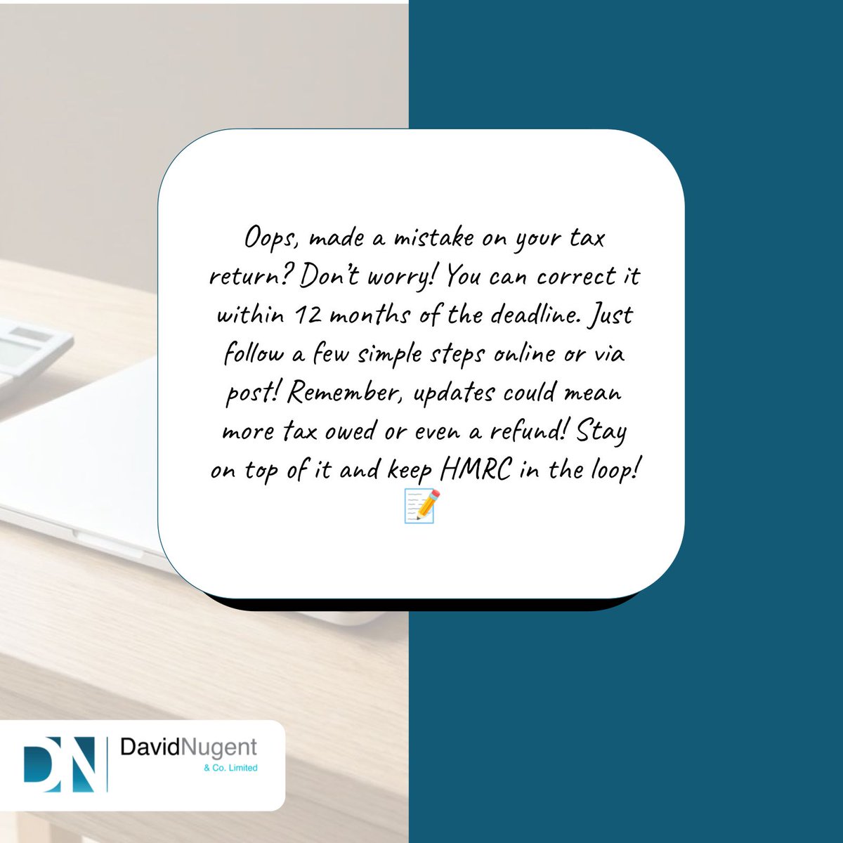 DNAccountants10's tweet photo. Made a mistake on your tax return? 📝 Not sure what to do next? Don’t worry! You can correct it within 12 months of the deadline online or by post. Let David Nugent &amp; Co guide you through the process! #TaxReturnSupport
👉🏻https://t.co/OZKjMcfY8a https://t.co/ox64cMh1UD