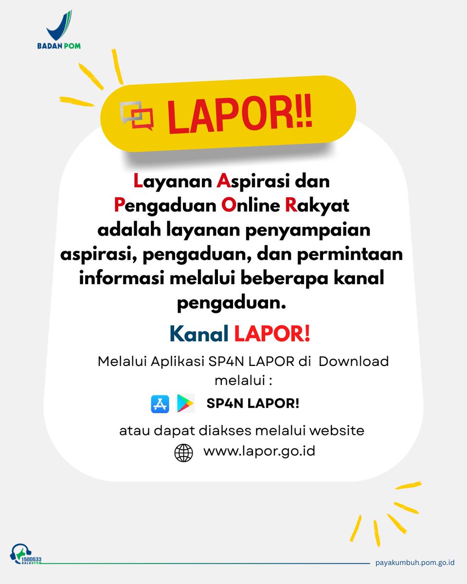 bpompayakumbuh's tweet photo. Halo #dunsanakbpom😊👋
📢 Punya keluhan, masukan, atau aspirasi terkait pelayanan BPOM di Payakumbuh?

Jangan dipendam, sampaikan melalui SP4N-LAPOR sebagai kanal resmi pengaduan pelayanan publik. Suara kamu bisa menjadi bagian dari perubahan yang lebih baik. ✨
#SP4NLAPOR https://t.co/aTAO2Zscz1