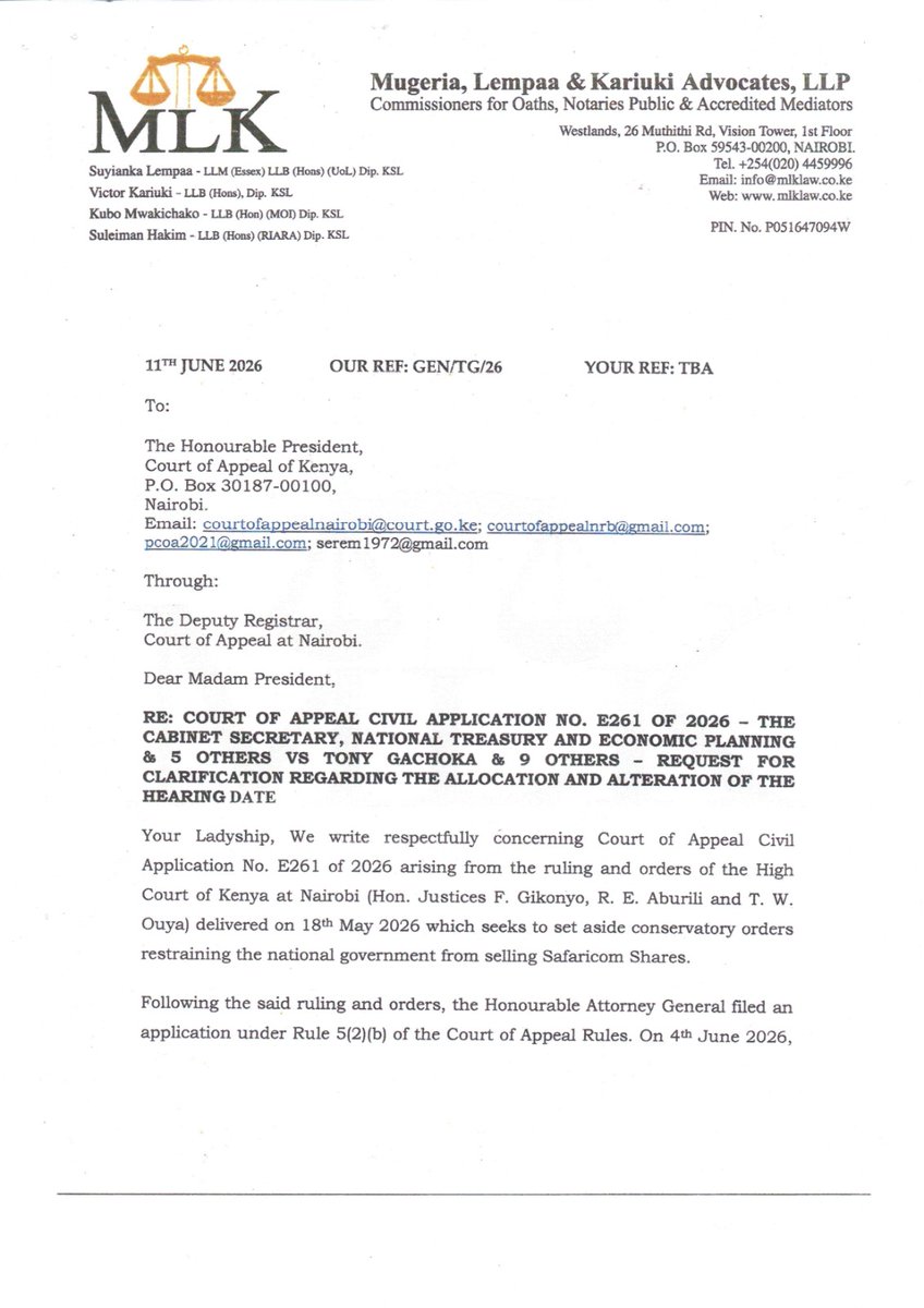 TonyGachok15769's tweet photo. ALERT! SALE OF SAFARICOM to VODACOM. DESPOT William Ruto has interfered with Court of Appeal; GOK/AG plot to LIFT Conservatory Orders given by 3 High Court judges by DATES' MANIPULATION in HURRIED APPEAL B4 HEARING OF PETITION - Lempaa Soyinka for
Tony Gachoka @KANUParty_ke
PETITIONER #Wantam
@skmusyoka @rigathi @MoiGideon @LempaaSuyinka @SafaricomPLC @PeterNdegwa @Vodacom @VodafoneUK @edwinsifuna @orengo_james @cbs_ke @JunetMohamed  @HManyora @ahmednasirlaw @Paul_Muite @CJMarthaKoome @FaithOdhiambo8 @LawSocietyofKe @philip_murgor @MsKajalAggarwal @OleItumbi @gabrieloguda