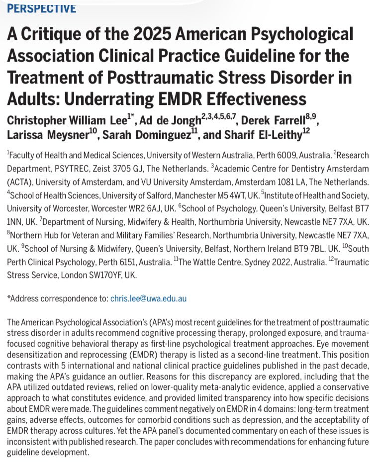 AdJongh's tweet photo. Clinical guidelines matter. Last year, the APA placed #EMDR therapy one step below PE and CPT, relying on an outdated meta-analysis that excluded newer EMDR studies.

A new reanalysis shows why this matters and offers recommendations to prevent this in future guidelines.

https://t.co/jyzWmpspGe

#EMDR #PTSD #TraumaTreatment