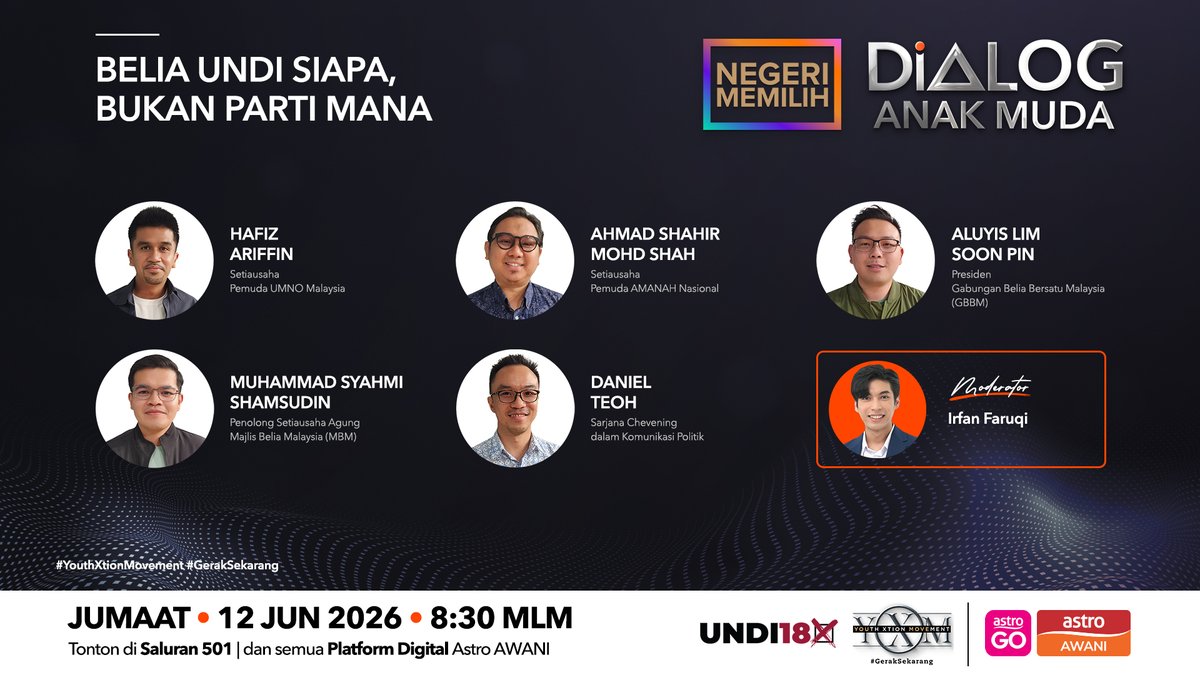 501Awani's tweet photo. #DialogAnakMuda kali ini membincangkan suara dan pertimbangan pengundi muda menjelang PRN Negeri Sembilan dan Johor. Dengan tema “Belia Pilih Siapa, Bukan Parti Mana”, perbincangan meneliti sama ada faktor calon, personaliti dan rekod kerja kini lebih mempengaruhi pilihan belia berbanding kesetiaan kepada parti politik. #NegeriMemilih