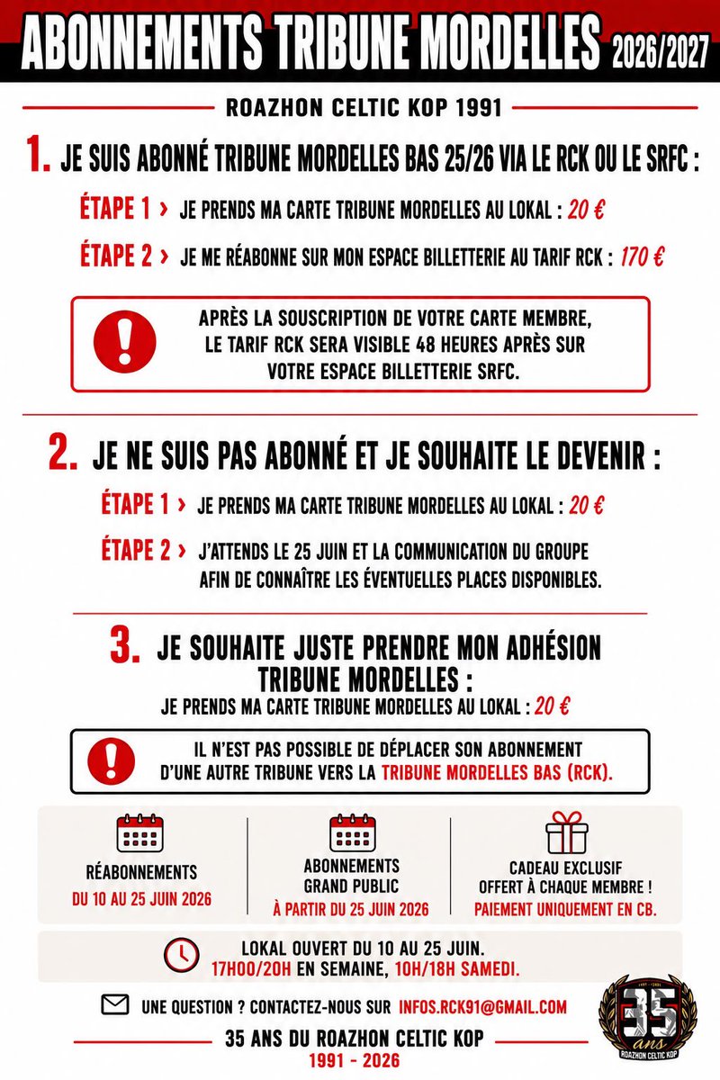 RCK1991's tweet photo. Informations concernant la campagne de réabonnements et de cartage pour les 35 ans du RCK https://t.co/413Bl7Za3l